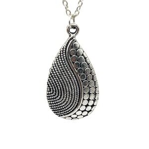 Silver‎ Tone Teardrop Pendant Necklace Etched Boho Chic Fashion Jewelry